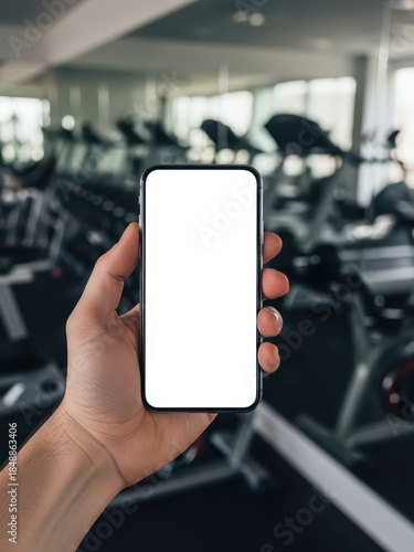 Hand Holding Smartphone in Modern Gym Fitness Environment for UI Mockup and Social Media Marketing