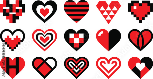 A diverse collection of stylized heart icons in vibrant red and black, showcasing various designs.