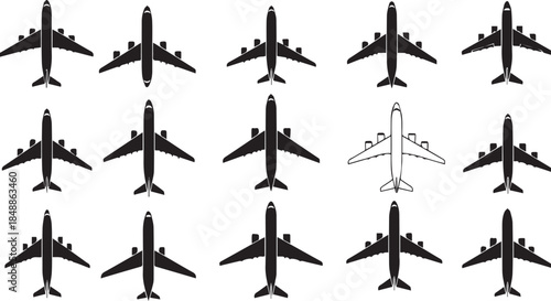 Collection of airplane silhouettes in various styles and angles