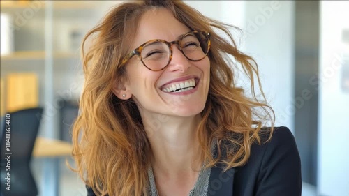 A smiling woman wearing eyeglasses and laughing heartily while seated at a desk. She has red hair, is casually dressed, and appears to be enjoying an amusing moment.