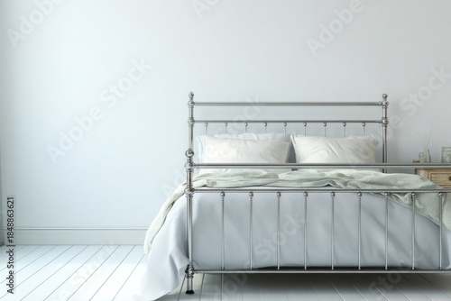 Minimalist bedroom interior features classic metal bed frame against white walls