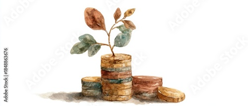 Long-term Financial Growth with Sapling Emerging from Vintage Gold Coins