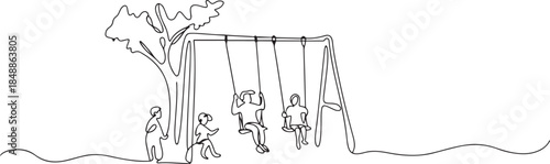 One continuous line drawing of people playing the swing in the park vector illustration. one line Art icon drawing