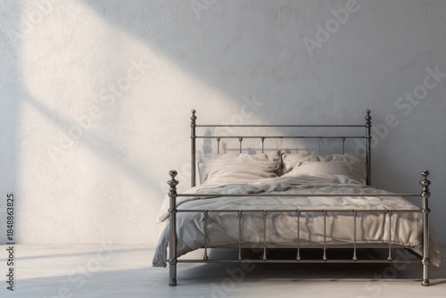 Antique style metal bed rests against a textured light wall with diagonal sunlight casting shadows