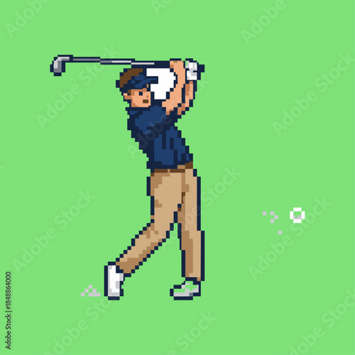 Photos Pixelated golf player swinging bat icon logo flat vector design