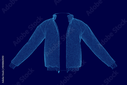 A 3D wireframe blueprint of a jacket, rendered realistically on a clean blue background for design and manufacturing concepts.