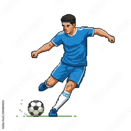 Pixelated soccer player shooting the ball icon logo flat vector design