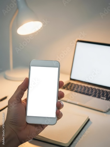 Hand Holding Smartphone Near Laptop and Notebook Workspace for UI Mockup and Social Media Marketing