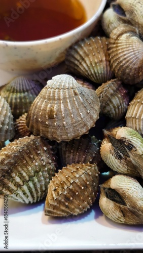  Close Up of Fresh Cockles Shellfish with Sauce on Plate