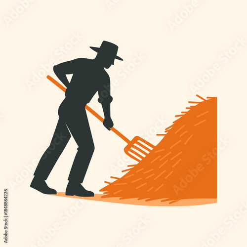 Agriculture Worker Silhouette with Pitchfork and Hay Pile, Farmer silhouette icon logo flat vector design