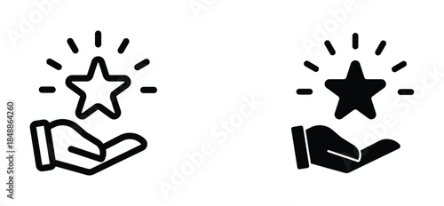 Hands lifting star icon in flat silhouette style. Symbol of success, achievement, and recognition.