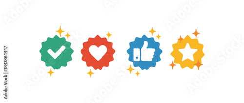 Colorful Reward Badges , Checkmark, Heart, Thumbs Up, and Star icon logo flat vector design