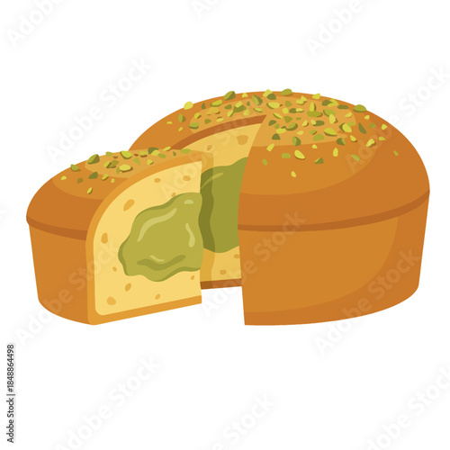 Flat Vector Sliced Italian Pistachio Panettone with Cream Filling
