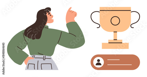 Woman pointing upwards with confident posture beside golden trophy and user profile icon. Ideal for achievement, success, personal goals, recognition, inspiration, ambition, leadership. Simple flat