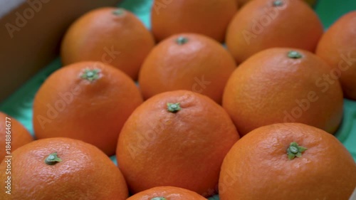 日本の産地直送箱入りみかん；横長；ビデオ