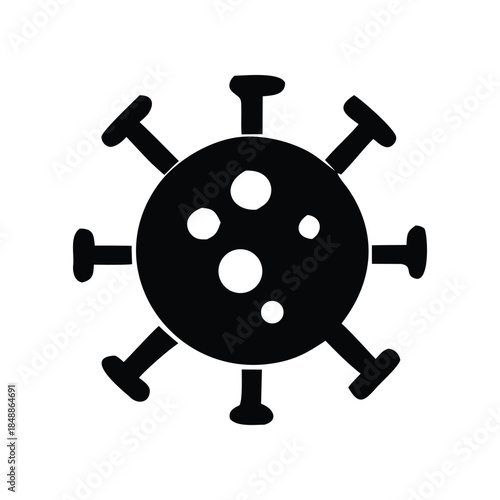 Abstract black silhouette icon of a microscopic pathogen, symbolizing a virus, disease, or global health threat; a modern graphic representation of biological danger and scientific concept