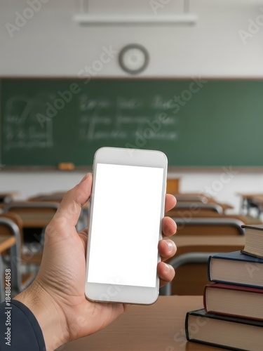 Student holding smartphone in classroom with chalkboard and books for UI Mockup and Social Media Marketing