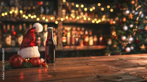 Festive beer bar with christmas decorations and new year celebration ambiance. Horizontal banner. Copy space. Holiday template for bar, restaurant, cafe, pub