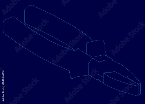 A pair of pliers in blue contour line art features a curved handle and pointed tip with visible wire detailing along its length.