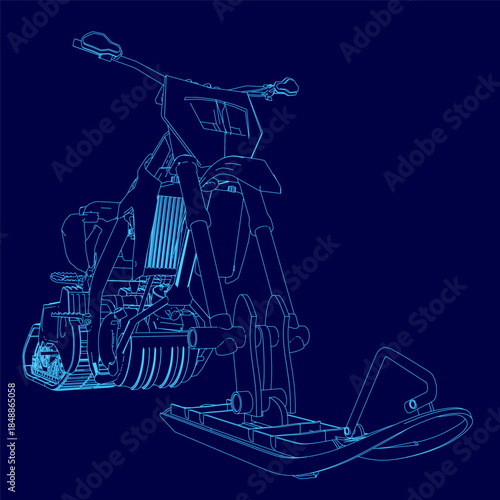 A blue contour line drawing of a snow plow vehicle with a motor, isolated on a dark blue background.