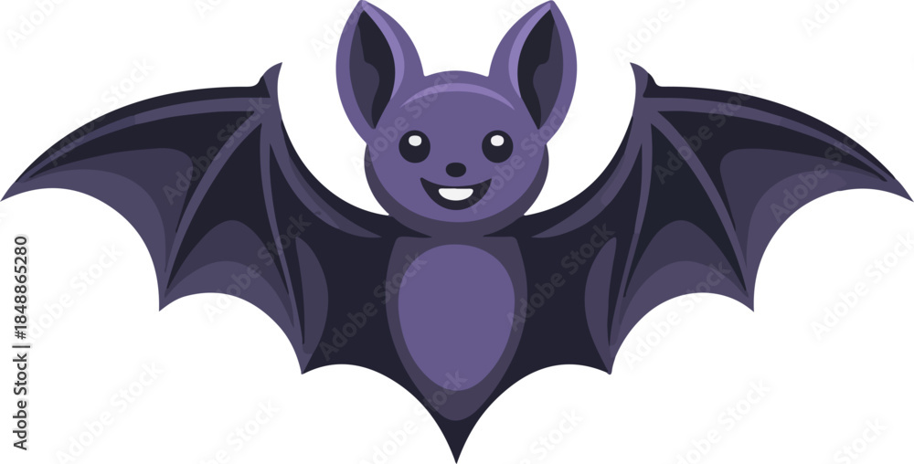 Obraz premium Flying Cartoon Bat Vector Graphic Illustration with Purple Hue and Smiling Face ...
