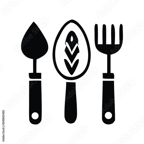 Gardening Tools Icon Trowel, Dibber, and Fork, Silhouette of Essential Hand Garden Equipment for Cultivation