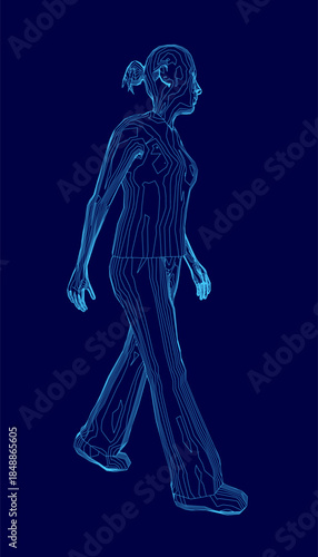 A woman walks with outstretched arms on a deep blue background, wearing a white shirt and blue jeans with her hair in a ponytail.