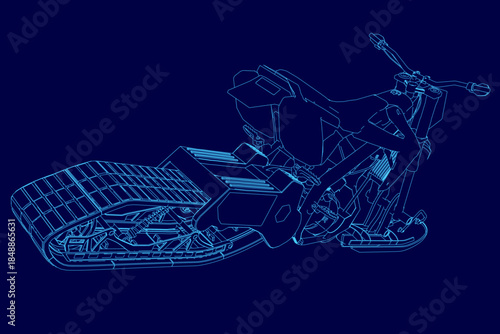Detailed blueprint of a snowbike motor contour on a solid blue background, highlighting the intricate handlebars, seat, and wheel components. The technical drawing provides a clean, contrasting.