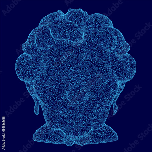 Stylized wireframe of a man's head on a blue background, featuring an intricate granny pattern of lines and shapes.