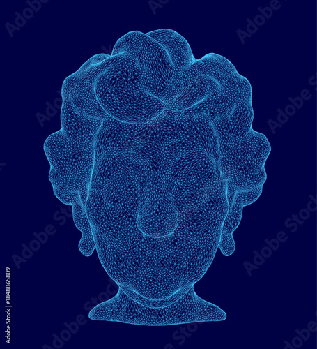 Stylized wireframe portrait of a granny's head features intricate lines and shapes on a contrasting blue background.