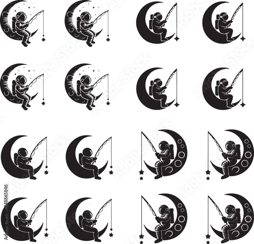 Astronaut Fishing on the Moon with Stars and Craters