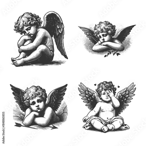 melancholic cherub sad baby angels with wings and expressive poses Set collection bundle sketch engraving generative ai vector illustration. Scratch board imitation. Black and white image.