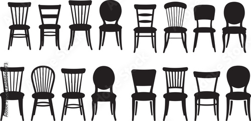 Black and white chairs in two rows of eight wooden chairs