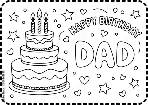 Coloring page of a three-tiered birthday cake with candles and happy birthday dad text Keywords: coloring page, birthday, dad, cake
