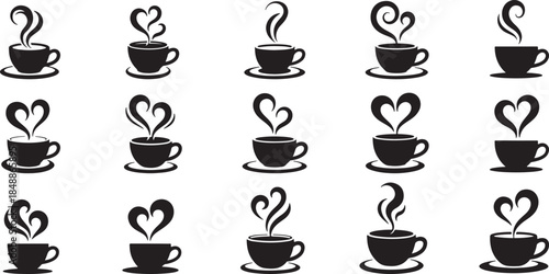 Black and white coffee cup with heart shaped steam