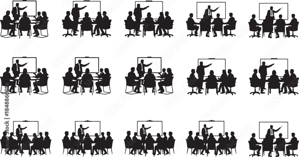 Obraz premium Black silhouettes of people in a meeting with a presenter and a whiteboard