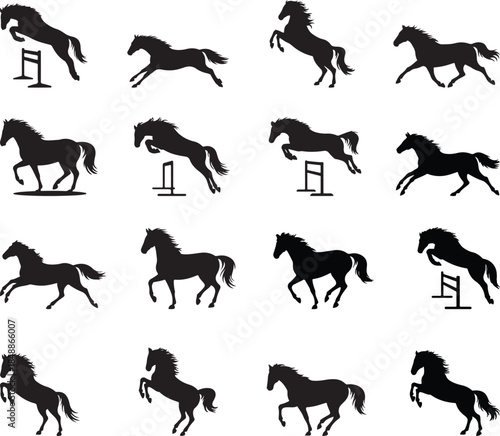 Black silhouette horses in dynamic poses and jumping over obstacles