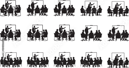 Black silhouettes of people in a meeting with a presenter and a whiteboard