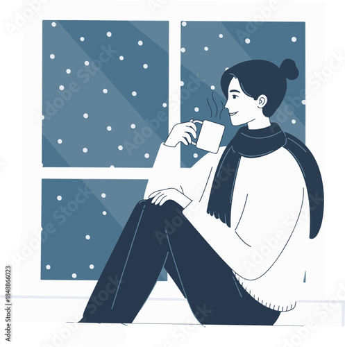 Person drinking hot coffee or tea by window, cozy winter indoor lifestyle