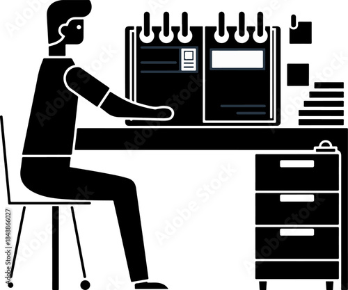 Person organizing desk and planner at home, productivity and planning concept