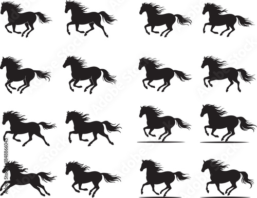 Black Silhouettes of Running Horses in Various Poses