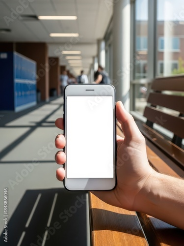 Hand Holding Smartphone in Modern Office Hallway for UI Mockup and Social Media Marketing