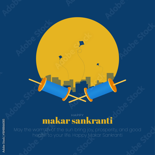 Happy Makar Sankranti Kite Festival with City Skyline Illustration, india Harvest Festival Background, vector illustration.