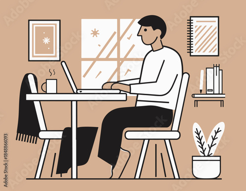 Remote work from home, person working on laptop in home office, winter lifestyle illustration