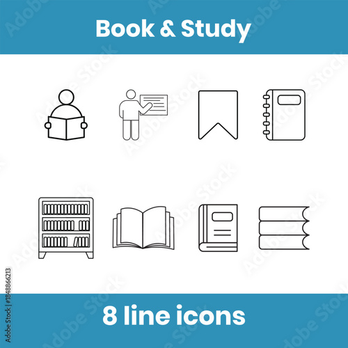 Line icon set of book and study elements, including book, open book, book stack, notebook, bookmark, library, and reading. Ideal for education apps, websites, and learning content.