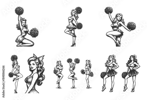 cheerleader women posing and dancing with pom poms Set collection bundle sketch engraving generative ai vector illustration. Scratch board imitation. Black and white image.