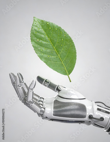 Humanoid Robot Hand Touching Fresh Leaf as Symbol of Sustainable Technology and AgriTech