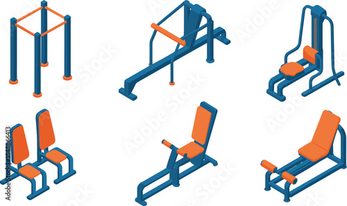 Isometric, outdoor, gym, equipment, set, fitness, workout, machines, park, exercise, training, healthy, lifestyle, sport, vector, illustration, modern, design, recreation, strength