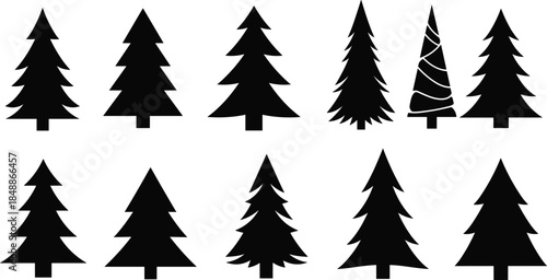 Black pine tree silhouettes collection isolated on white background, minimalist evergreen forest icons set for winter, nature, vector design
