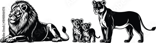 Lion family silhouette illustration, majestic male lion lioness cubs, wildlife safari animal art, black white vector design